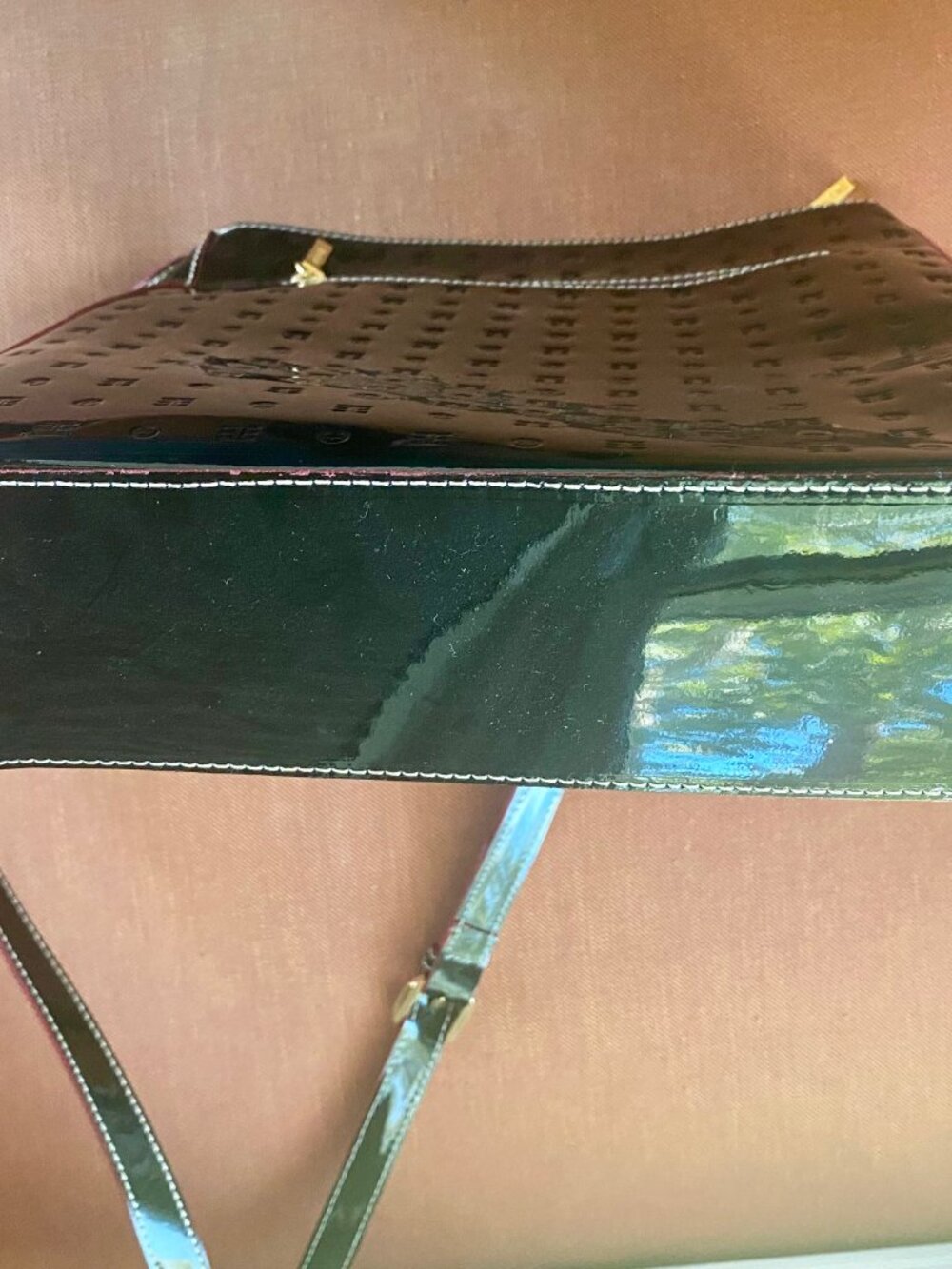 Arcadia Patent Leather Crossbody Bag Black Tan Strap Adjustable Made In Italy - Picture 5 of 9